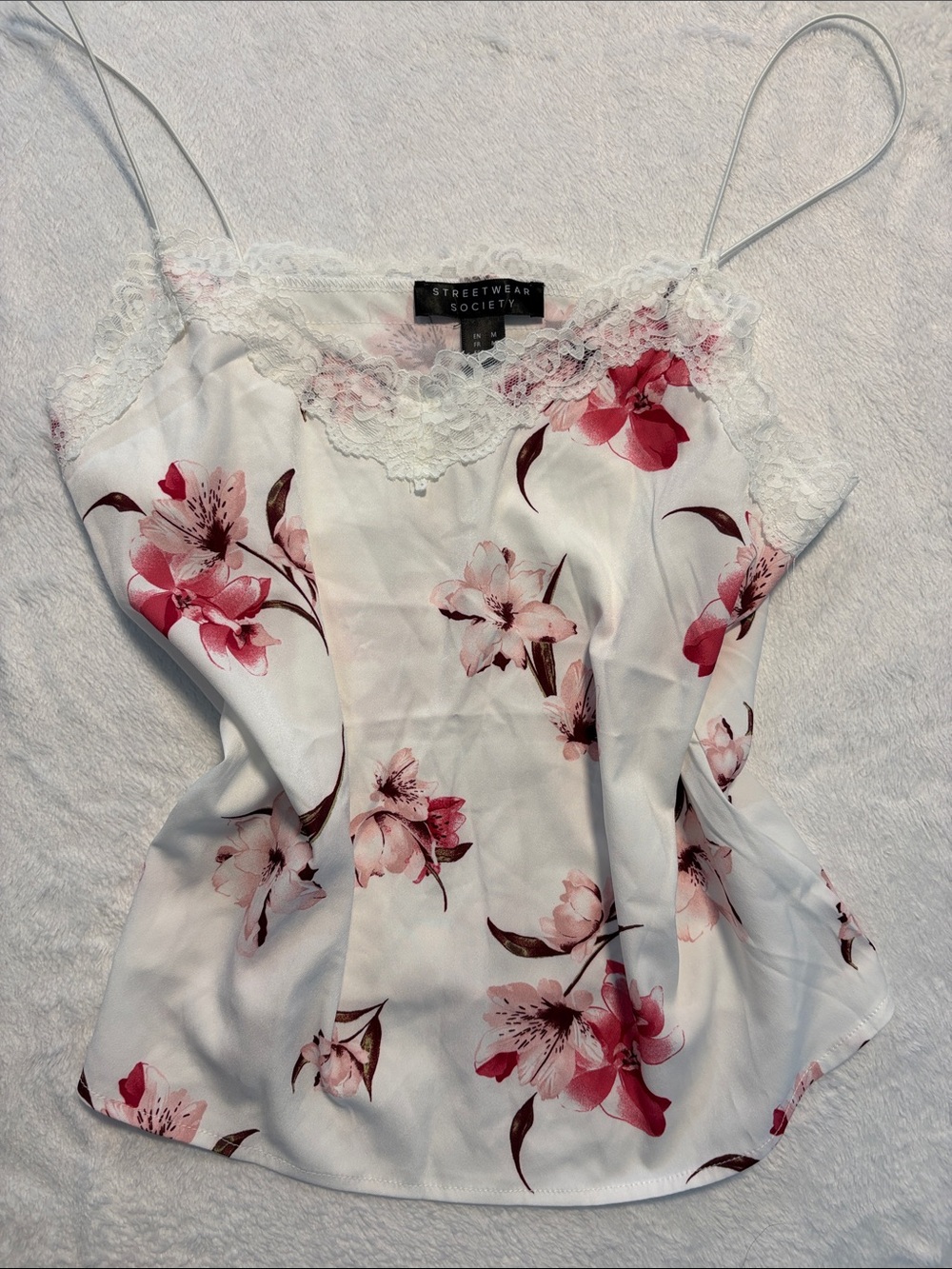 Streetwear Society White Cami Top with Pink Floral Lace Trim